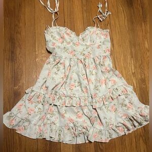 Vintage green and pink floral bustier ruffle mini dress medium